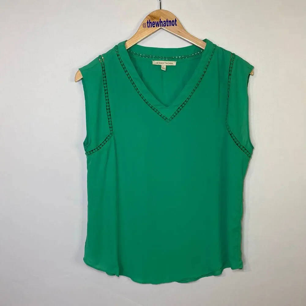 41 Hawthorn Light Green Sleeveless Blouse Embroidered V Neck Small - Picture 10 of 17
